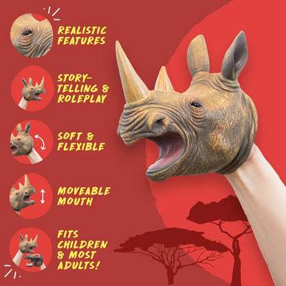 A realistic rhinoceros animal head puppet worn on a person's hand, shown against a red graphic background with feature callouts and text including 'Realistic Features,' 'Story-telling & Roleplay,' 'Soft & Flexible,' 'Moveable Mouth,' and 'Fits Children & Most Adults!'.