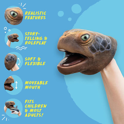 A realistic turtle-shaped hand puppet  on a person's hand, shown on a bright blue background with feature callouts and text including 'Realistic Features,' 'Story-telling & Roleplay,' 'Soft & Flexible,' 'Moveable Mouth,' and 'Fits Children & Most Adults!'.