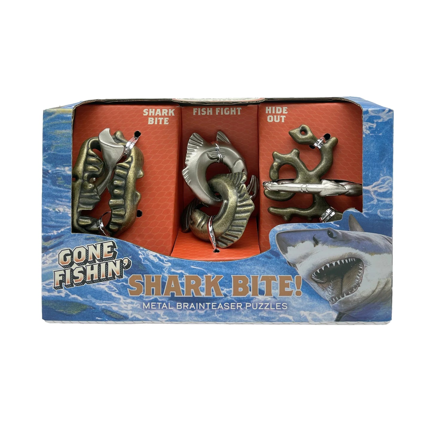 Packaged shark-themed metal brainteaser puzzles with 'Gone Fishing' branding.