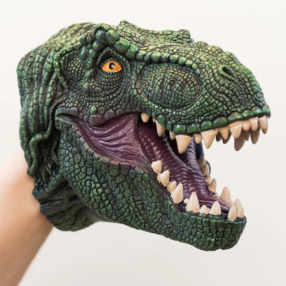 Dinosaur head puppet with open mouth on a white background