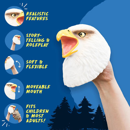 A hand holding a realistic eagle head puppet with an open mouth, shown against a blue graphic background with feature callouts and text including 'Realistic Features,' 'Story-telling & Roleplay,' 'Soft & Flexible,' 'Moveable Mouth,' and 'Fits Children & Most Adults!'.