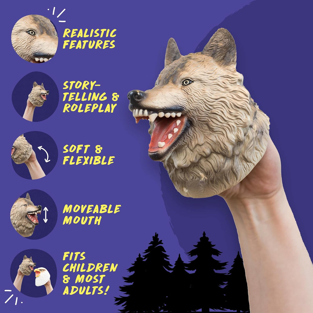 A realistic wolf hand puppet being held in a person's hand against a purple background with feature callouts and text including 'Realistic Features,' 'Story-telling & Roleplay,' 'Soft & Flexible,' 'Moveable Mouth,' and 'Fits Children & Most Adults!'.