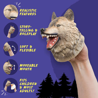 A realistic wolf hand puppet being held in a person's hand against a purple background with feature callouts and text including 'Realistic Features,' 'Story-telling & Roleplay,' 'Soft & Flexible,' 'Moveable Mouth,' and 'Fits Children & Most Adults!'.